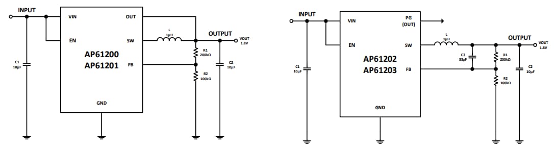 Schéma du circuit d'application - Diodes Incorporated Convertisseurs Buck synchrones 2 A AP6120x